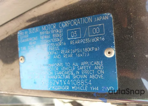 2000 Suzuki Grand Vitara Jls/Jls+/Limited из США, поврежденный, VIN JS3TE62V1Y4108854